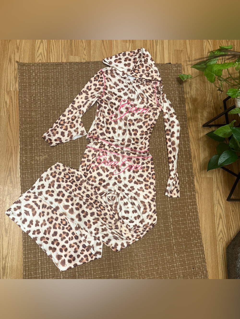 Leopard Print Satin Pajama Set with Pink Script Accents